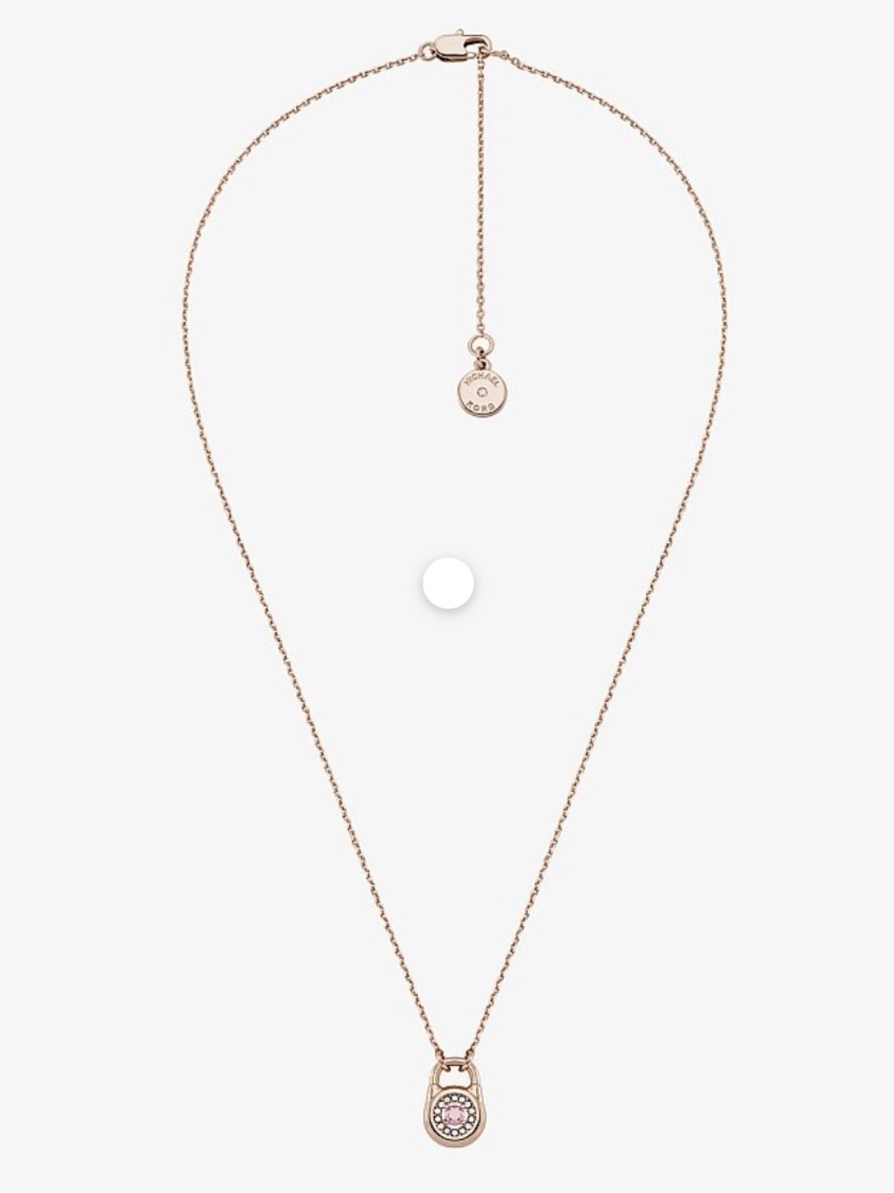 NWT Michael Kors Rose Gold Pave Padlock Necklace with Pink Crystal Center - Picture 2 of 5